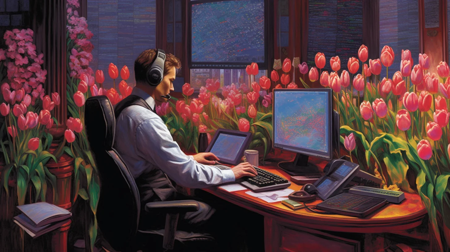 A picture containing flower, computer, indoor, furniture