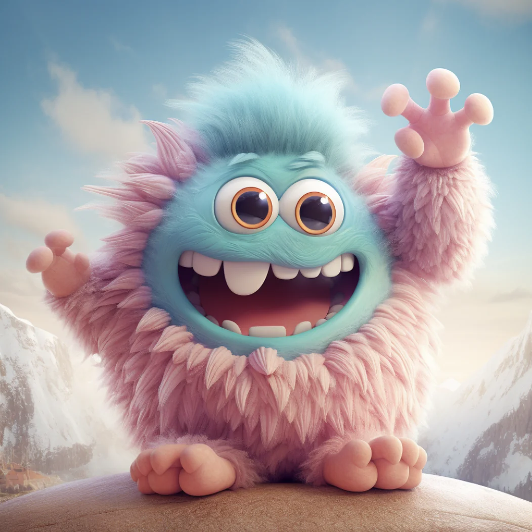 A cartoon character with a pink furry animal