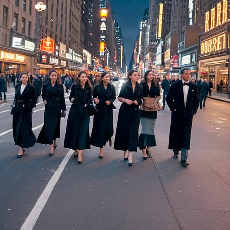 A group of people in black coats walking down a street