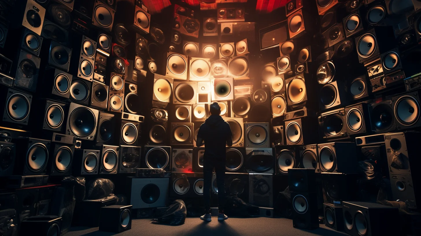 A person standing in front of a wall of speakers